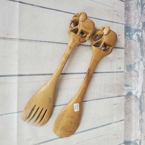 Vintage Hand Carved Wooden Kenya Fork and  Spoon Elephants - Picture 7 of 9